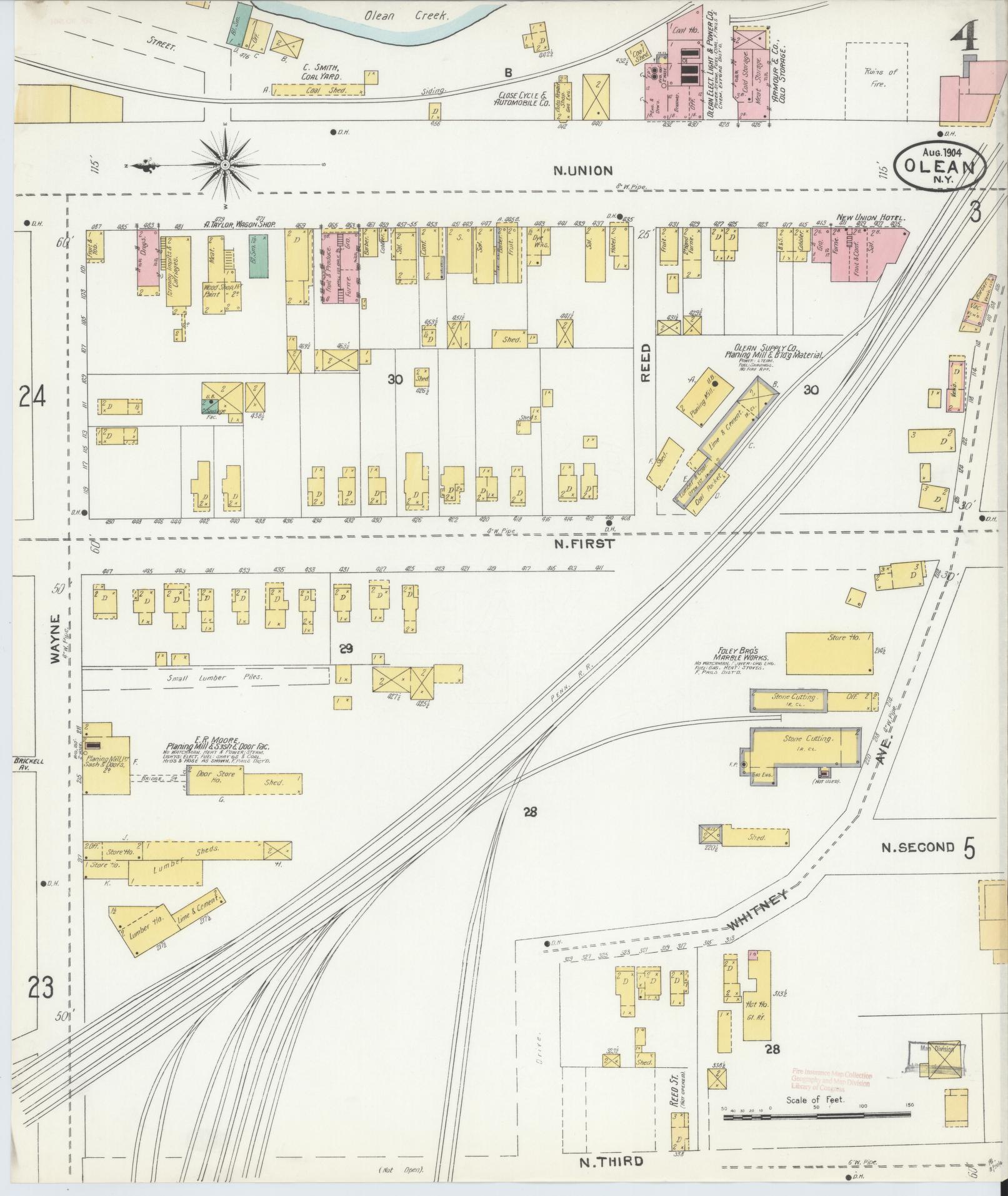 Sanborn Fire Insurance Map from Olean, Cattaraugus County, New York (1904), Sheet #0004 - Historic Sanborn Fire Insurance Map Print, vintage old map wall art, antique decor, genealogy gift, New York New York map