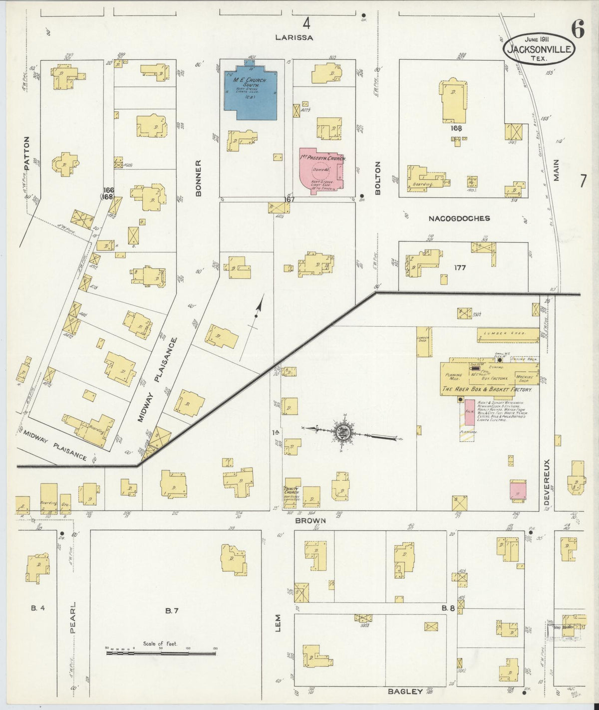 Sanborn Fire Insurance Map from Jacksonville, Cherokee County, Texas (1911), Sheet #0006 - Historic Sanborn Fire Insurance Map Print, vintage old map wall art, antique decor, genealogy gift, Texas Texas map