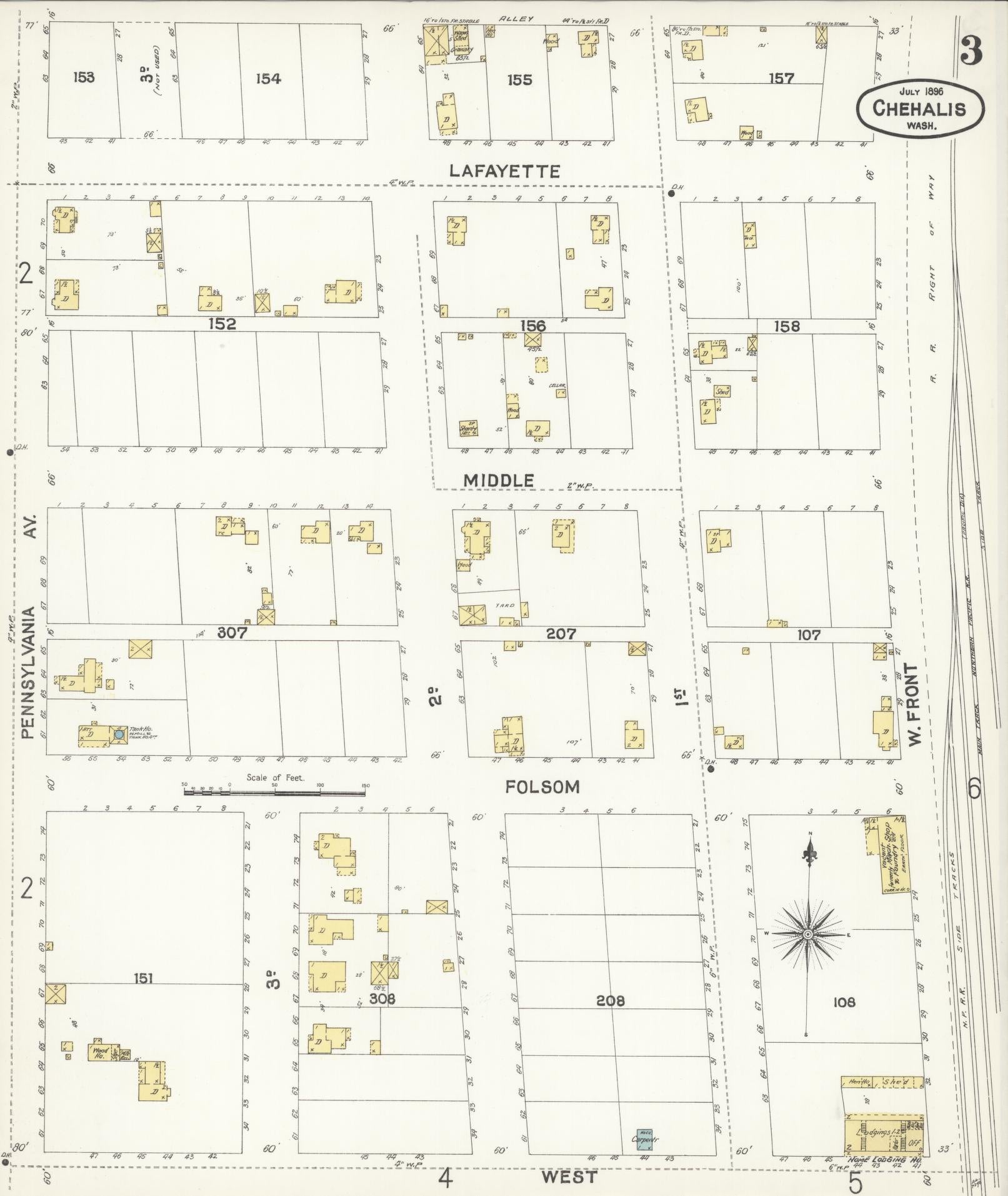 Sanborn Fire Insurance Map from Chehalis, Lewis County, Washington (1896), Sheet #0003 - Historic Sanborn Fire Insurance Map Print, vintage old map wall art, antique decor, genealogy gift, Washington Washington map
