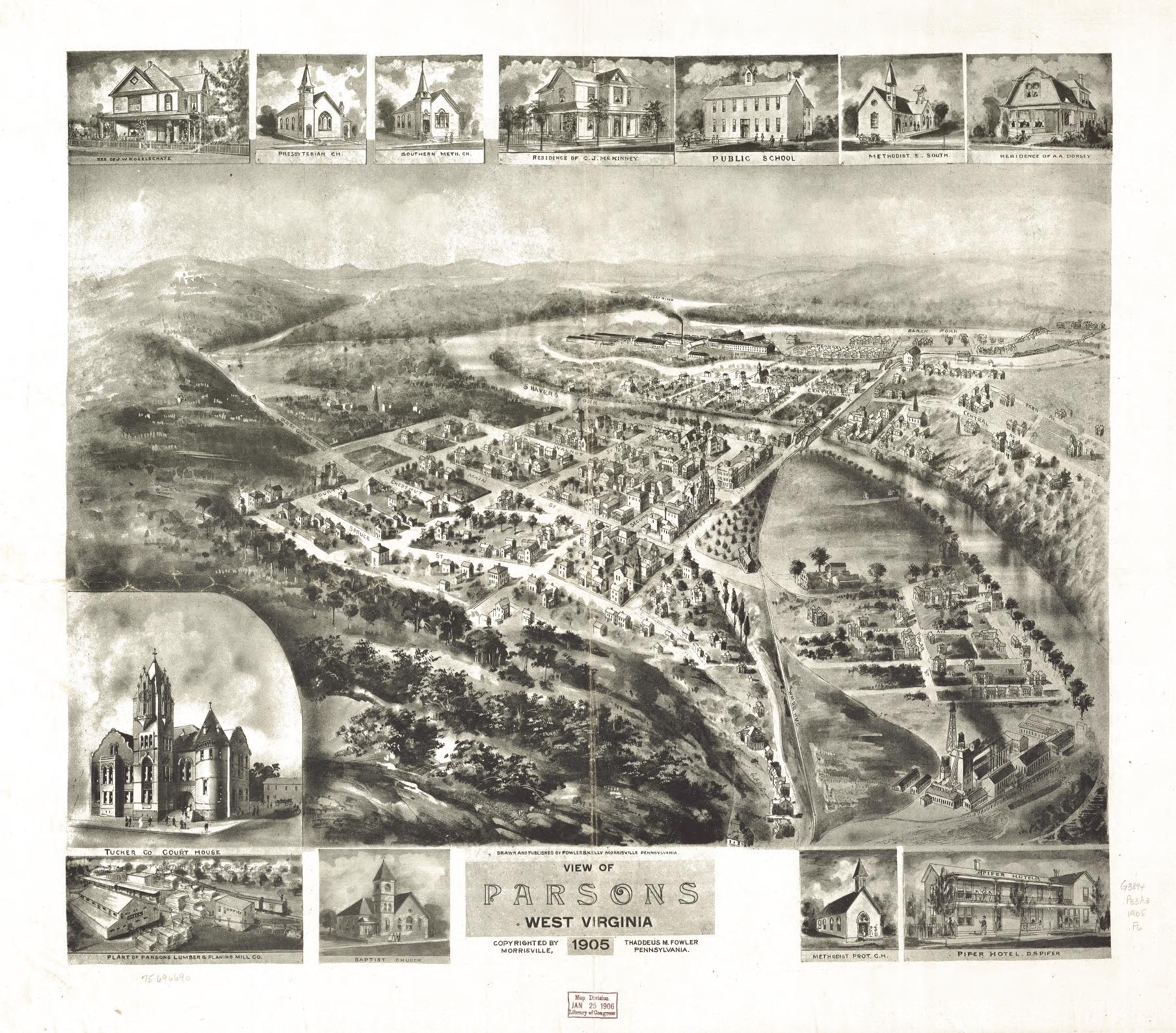 View of Parsons, West Virginia 1905. (1905) – Historic Bird’s-Eye View Panorama Print