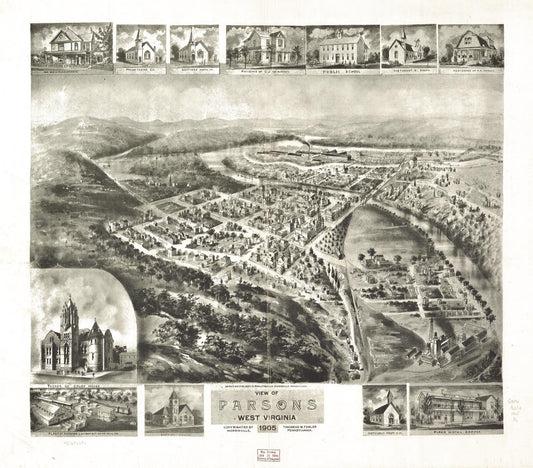 View of Parsons, West Virginia 1905. (1905) – Historic Bird’s-Eye View Panorama Print