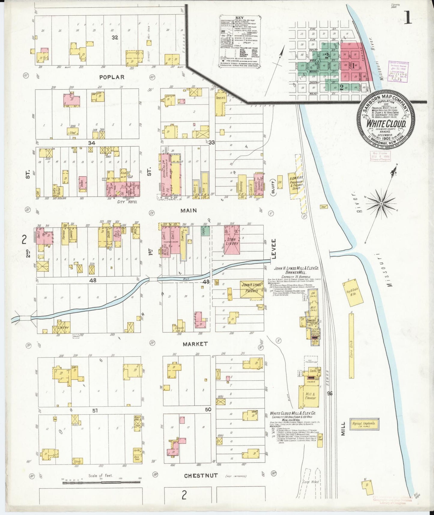 Sanborn Fire Insurance Map from White Cloud, Doniphan County, Kansas (1905), Sheet #0001 - Complete Map Set gallery image, historic Sanborn map, vintage wall art, Kansas Kansas