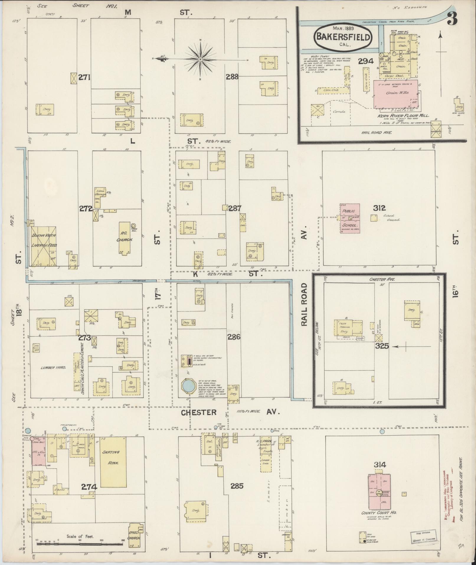 Sanborn Fire Insurance Map from Bakersfield, Kern County, California (1889), Sheet #0003 - Historic Sanborn Fire Insurance Map Print, vintage old map wall art, antique decor, genealogy gift, California California map