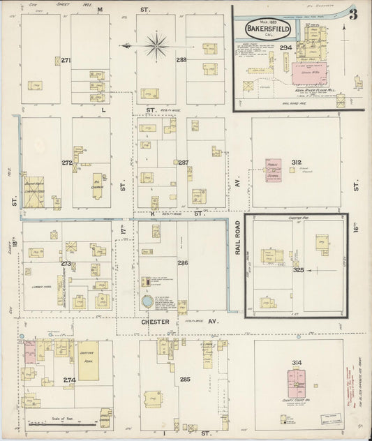 Sanborn Fire Insurance Map from Bakersfield, Kern County, California (1889), Sheet #0003 - Historic Sanborn Fire Insurance Map Print, vintage old map wall art, antique decor, genealogy gift, California California map
