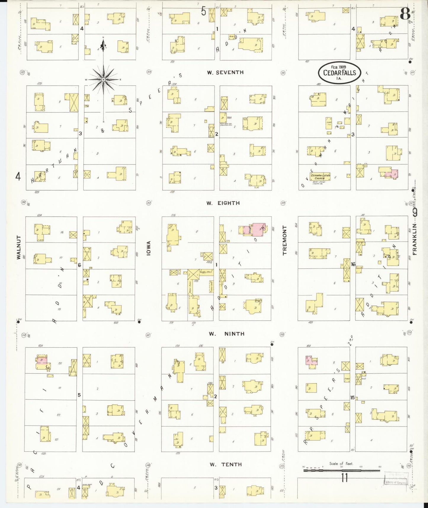 Sanborn Fire Insurance Map from Cedar Falls, Black Hawk County, Iowa (1909), Sheet #0008 - Historic Sanborn Fire Insurance Map Print, vintage old map wall art