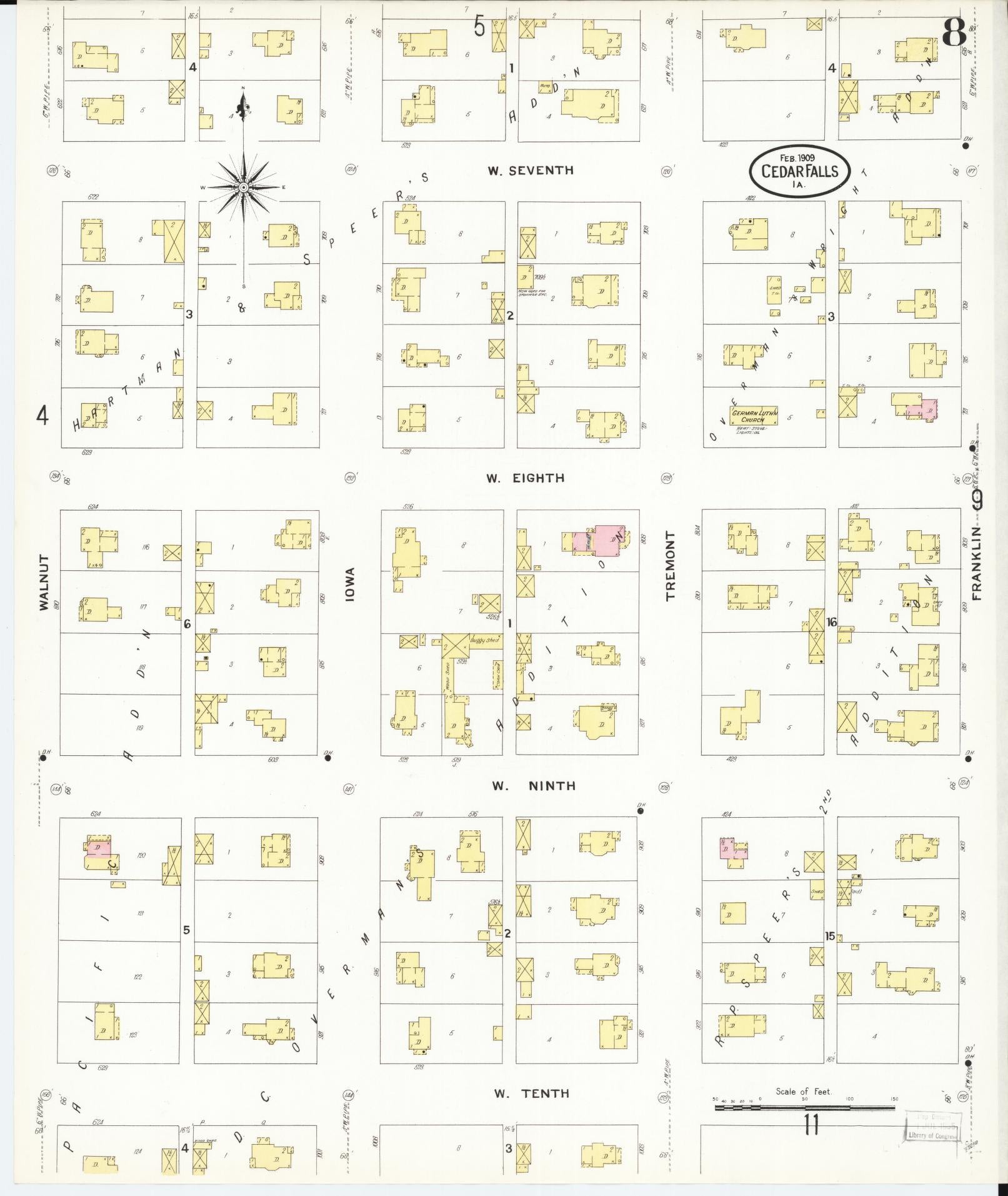Sanborn Fire Insurance Map from Cedar Falls, Black Hawk County, Iowa (1909), Sheet #0008 - Historic Sanborn Fire Insurance Map Print, vintage old map wall art