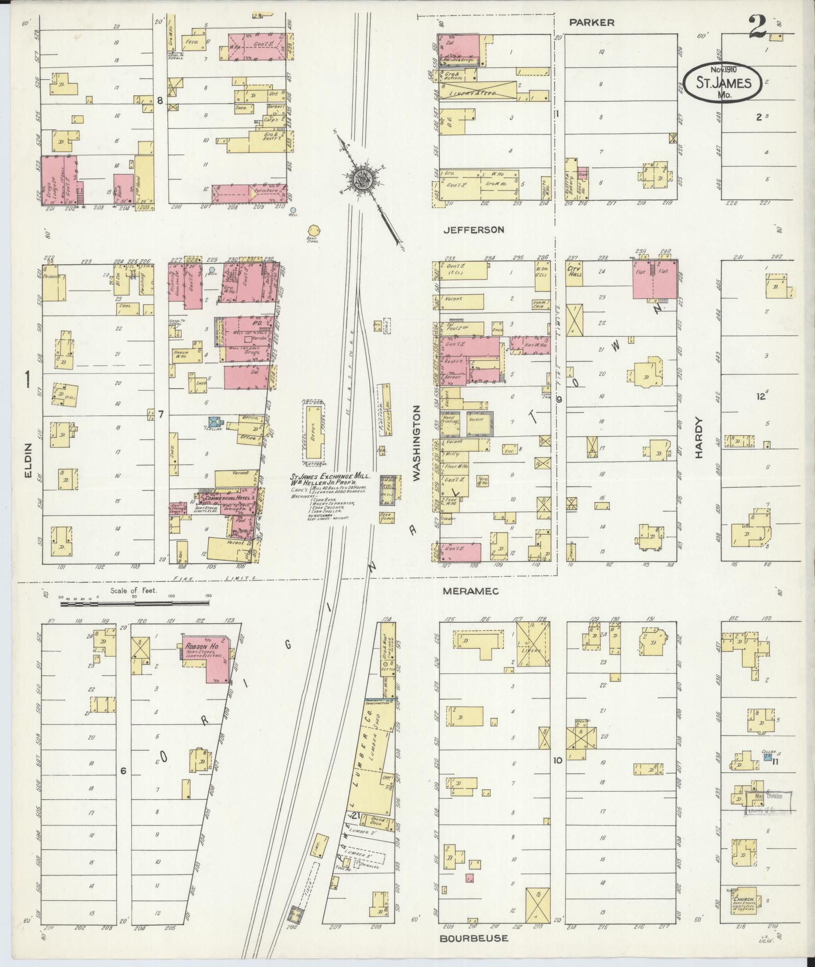 Sanborn Fire Insurance Map from Saint James, Phelps County, Missouri (1910), Sheet #0002 - Complete Map Set gallery image, historic Sanborn map, vintage wall art, Missouri Missouri