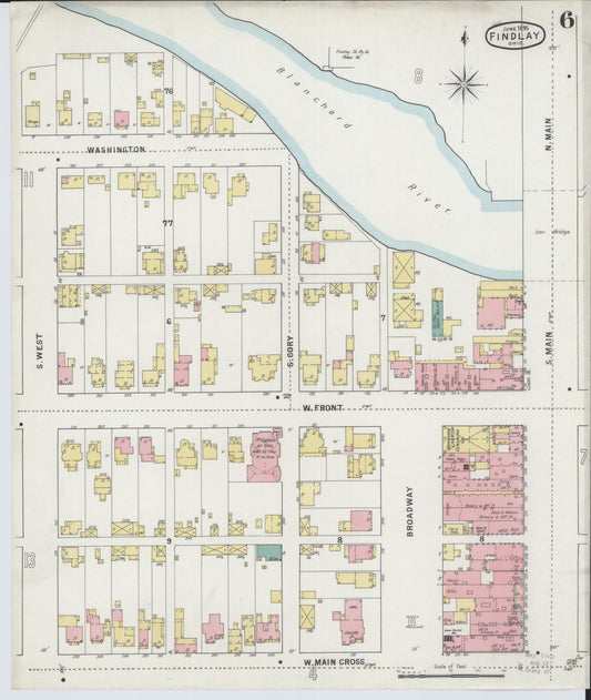 Sanborn Fire Insurance Map from Findlay, Hancock County, Ohio (1895), Sheet #0006 - Historic Sanborn Fire Insurance Map Print, vintage old map wall art, antique decor, genealogy gift, Ohio Ohio map