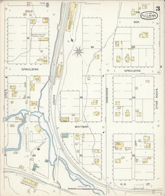 Sanborn Fire Insurance Map from Pullman, Whitman County, Washington (1893), Sheet #0003 - Historic Sanborn Fire Insurance Map Print, vintage old map wall art, antique decor, genealogy gift, Washington Washington map