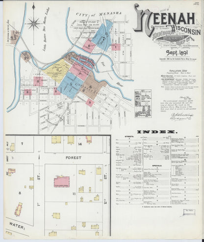 Sanborn Fire Insurance Map from Neenah, Winnebago County, Wisconsin (1891), Sheet #0001 - Complete Map Set gallery image, historic Sanborn map, vintage wall art, Wisconsin Wisconsin