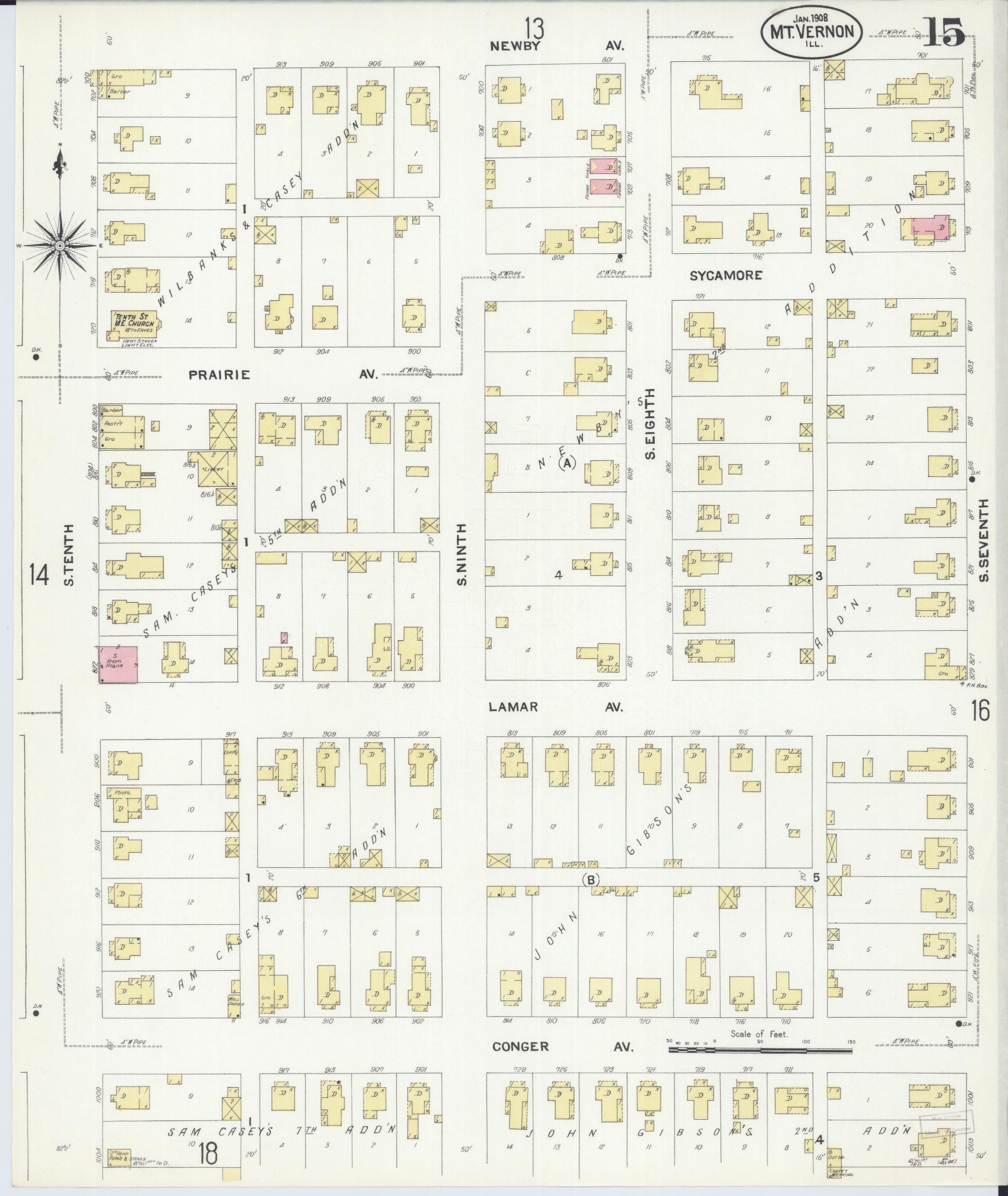 Sanborn Fire Insurance Map from Mount Vernon, Jefferson County, Illinois (1908), Sheet #0015 - Complete Map Set gallery image, historic Sanborn map, vintage wall art, Illinois Illinois