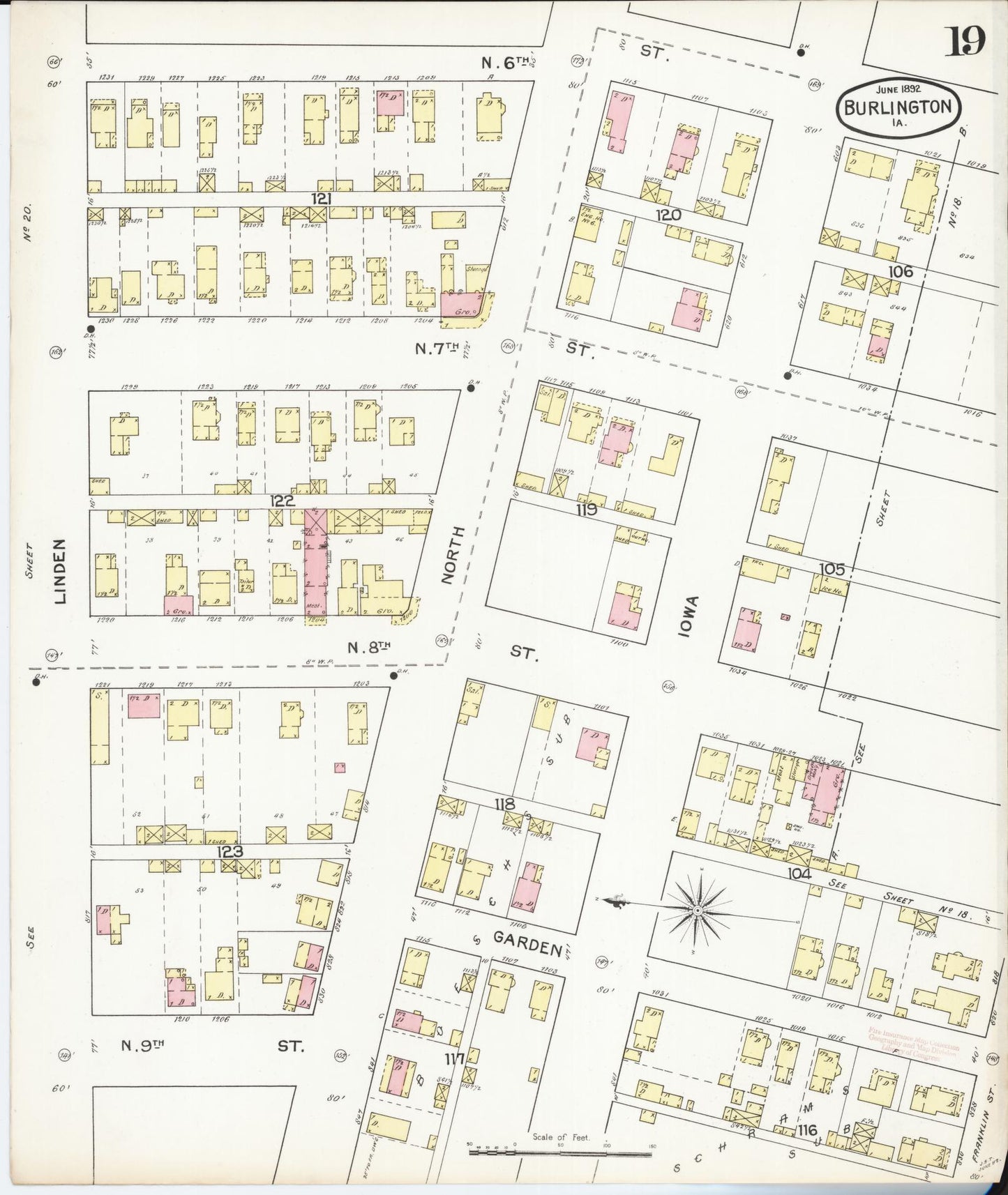 Sanborn Fire Insurance Map from Burlington, Des Moines County, Iowa (1892), Sheet #0019 - Historic Sanborn Fire Insurance Map Print, vintage old map wall art