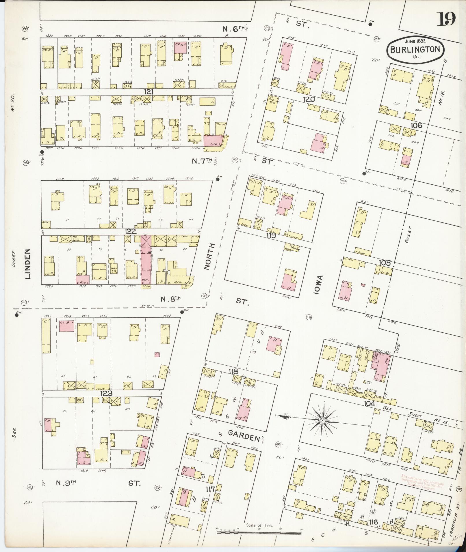 Sanborn Fire Insurance Map from Burlington, Des Moines County, Iowa (1892), Sheet #0019 - Historic Sanborn Fire Insurance Map Print, vintage old map wall art