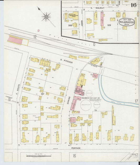 Sanborn Fire Insurance Map from Kalamazoo, Kalamazoo County, Michigan (1896), Sheet #0016 - Historic Sanborn Fire Insurance Map Print, vintage old map wall art, antique decor, genealogy gift, Michigan Michigan map
