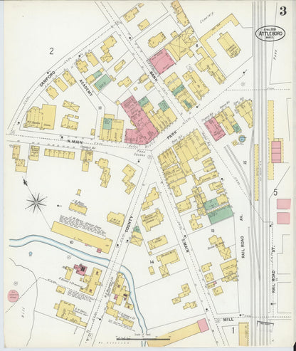 Sanborn Fire Insurance Map from Attleboro, Bristol County, Massachusetts (1899), Sheet #0003 - Historic Sanborn Fire Insurance Map Print, vintage old map wall art, antique decor, genealogy gift, Massachusetts Massachusetts map