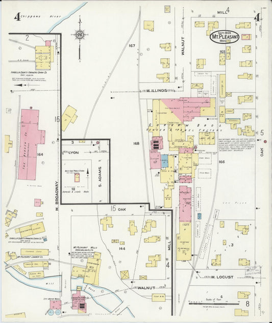Sanborn Fire Insurance Map from Mount Pleasant, Isabella County, Michigan (1924), Sheet #0004 - Historic Sanborn Fire Insurance Map Print, vintage old map wall art, antique decor, genealogy gift, Michigan Michigan map