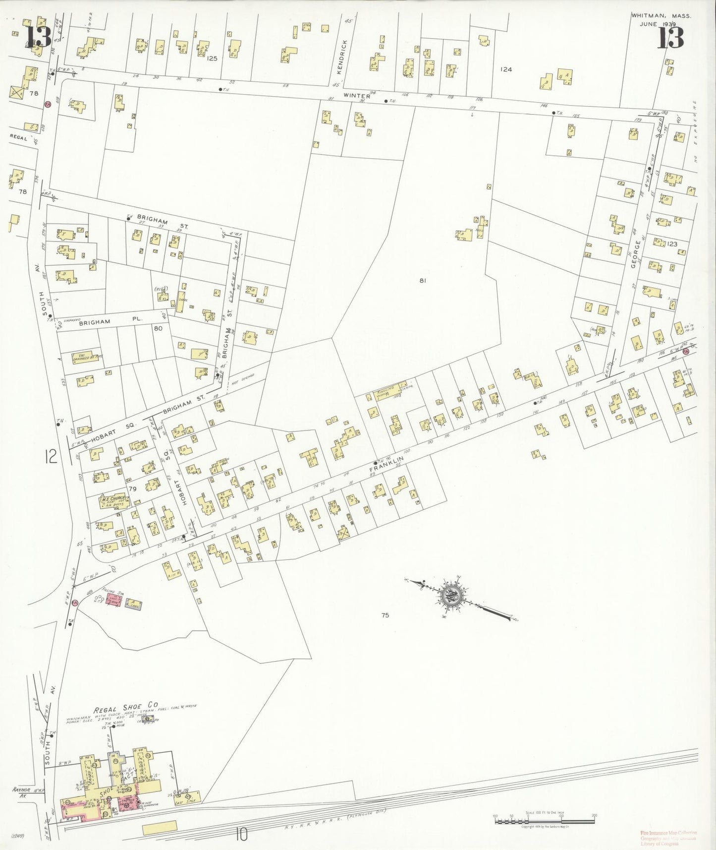 Sanborn Fire Insurance Map from Whitman, Plymouth County, Massachusetts (1939), Sheet #0013 - Complete Map Set gallery image, historic Sanborn map, vintage wall art, Massachusetts Massachusetts