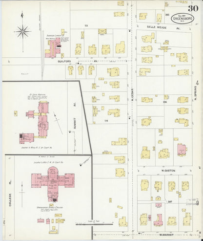 Sanborn Fire Insurance Map from Greensboro, Guilford County, North Carolina (1907), Sheet #0030 - Complete Map Set gallery image, historic Sanborn map, vintage wall art, North Carolina North Carolina