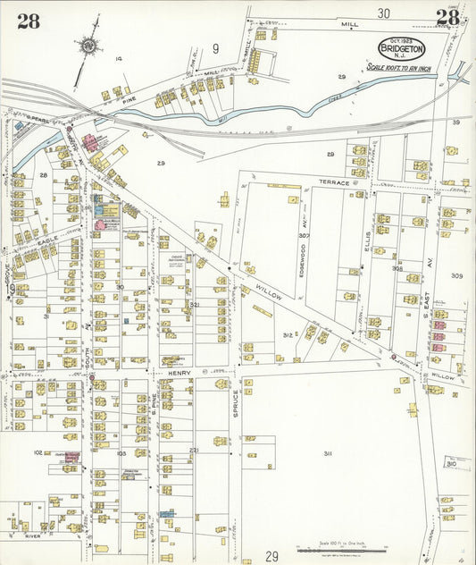 Sanborn Fire Insurance Map from Bridgeton, Cumberland County, New Jersey (1923), Sheet #0028 - Historic Sanborn Fire Insurance Map Print, vintage old map wall art, antique decor, genealogy gift, New Jersey New Jersey map