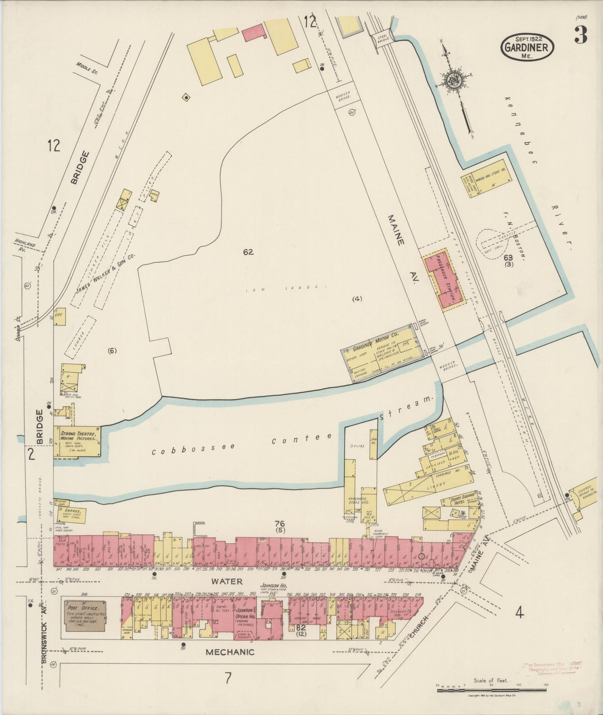 Sanborn Fire Insurance Map from Gardiner, Kennebec County, Maine (1922), Sheet #0003 - Historic Sanborn Fire Insurance Map Print, vintage old map wall art, antique decor, genealogy gift, Maine Maine map