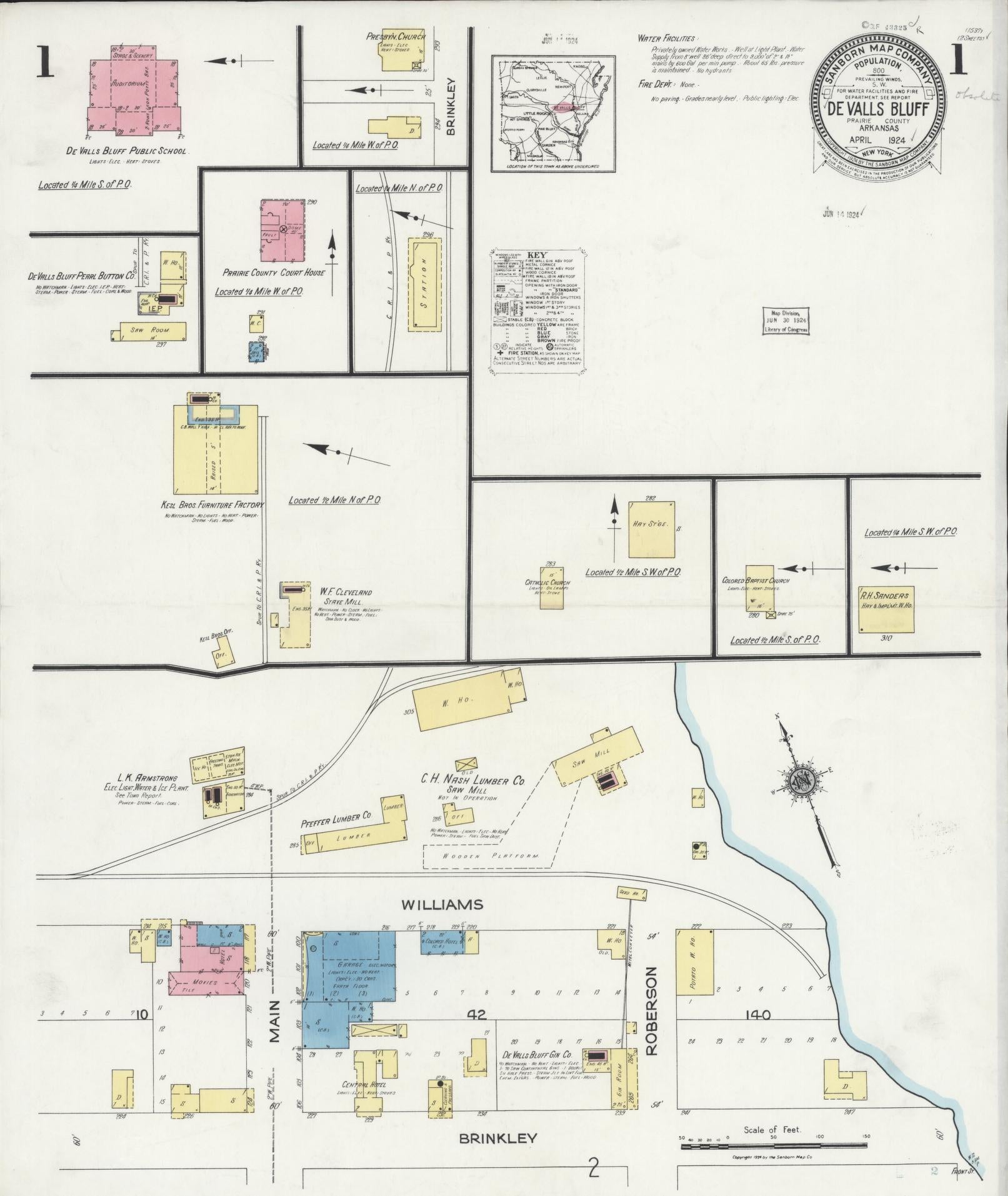 Sanborn Fire Insurance Map from De Valls Bluff, Priairie County, Arkansas (1924), Sheet #0001 - Complete Map Set gallery image, historic Sanborn map, vintage wall art, Arkansas Arkansas