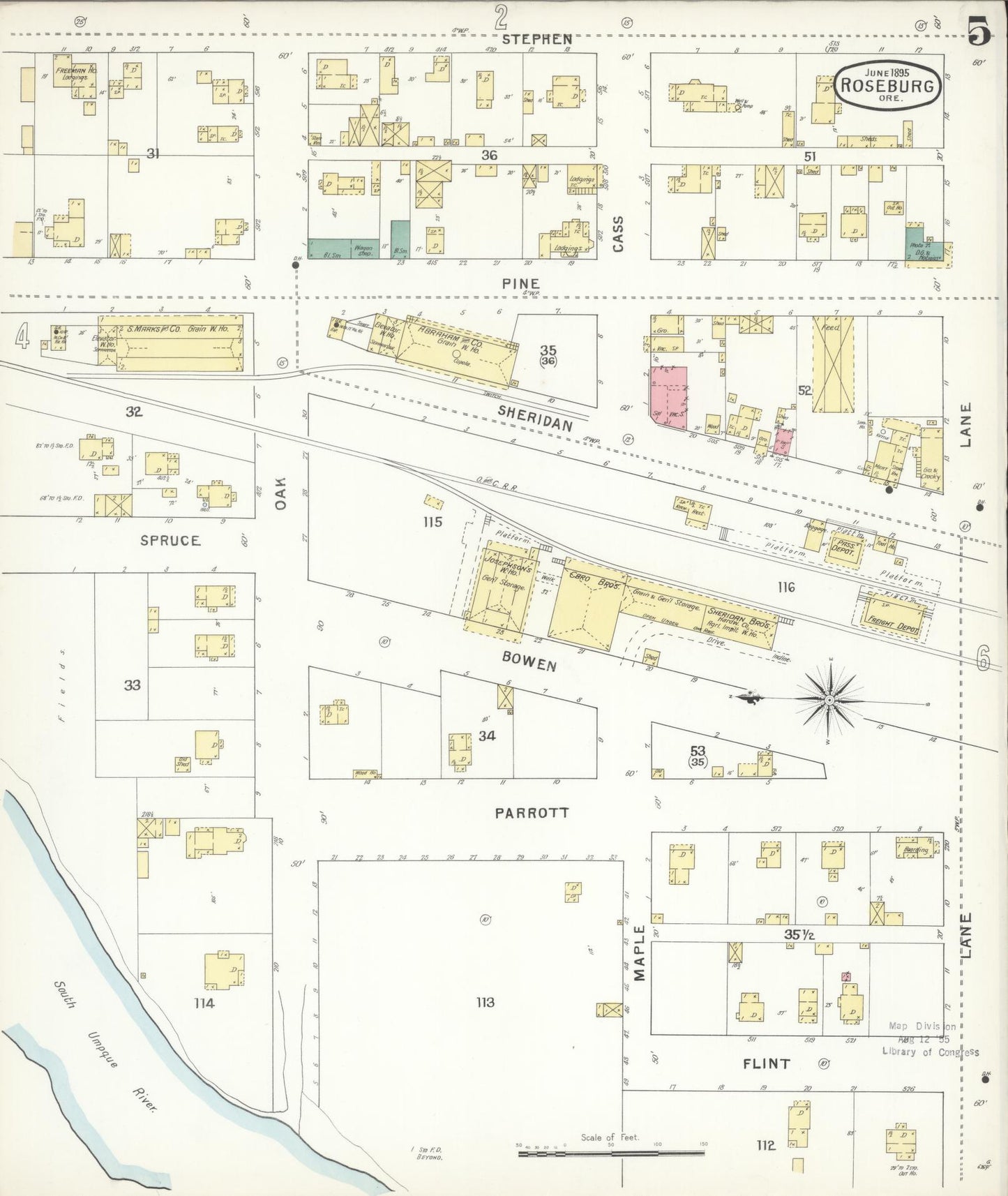 Sanborn Fire Insurance Map from Roseburg, Douglas County, Oregon (1895), Sheet #0005 - Complete Map Set gallery image, historic Sanborn map, vintage wall art, Oregon Oregon