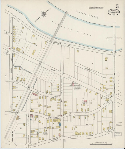 Sanborn Fire Insurance Map from Lyndhurst, Bergen County, New Jersey (1915), Sheet #0005 - Historic Sanborn Fire Insurance Map Print, vintage old map wall art, antique decor, genealogy gift, New Jersey New Jersey map