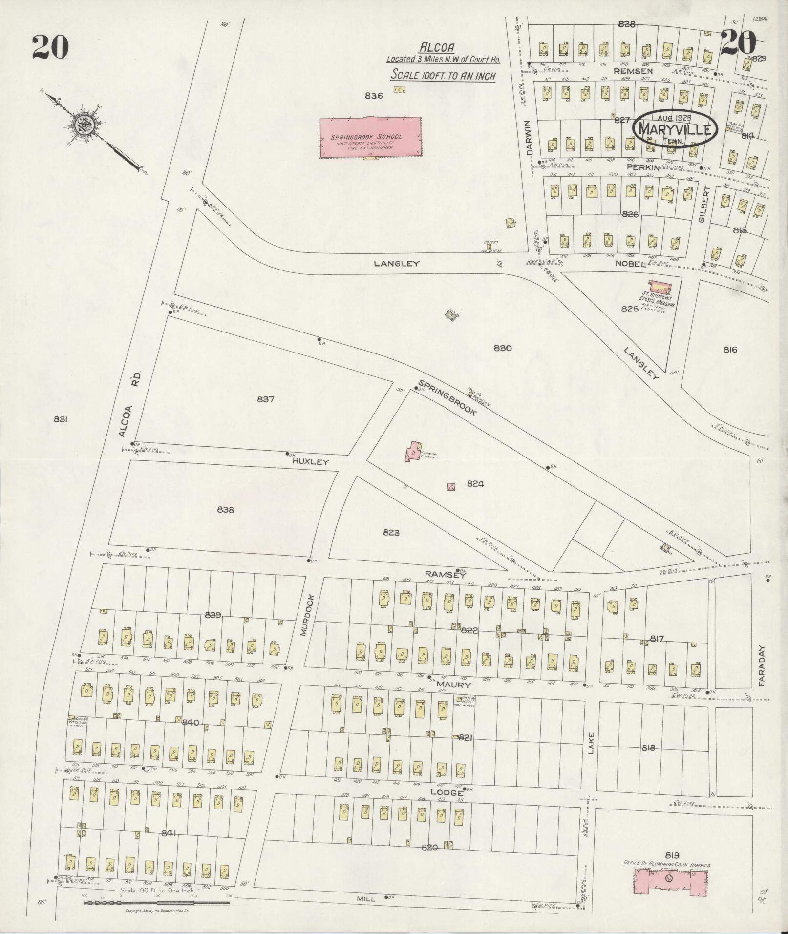 Sanborn Fire Insurance Map from Maryville, Blount County, Tennessee (1925), Sheet #0020 - Historic Sanborn Fire Insurance Map Print, vintage old map wall art, antique decor, genealogy gift, Tennessee Tennessee map