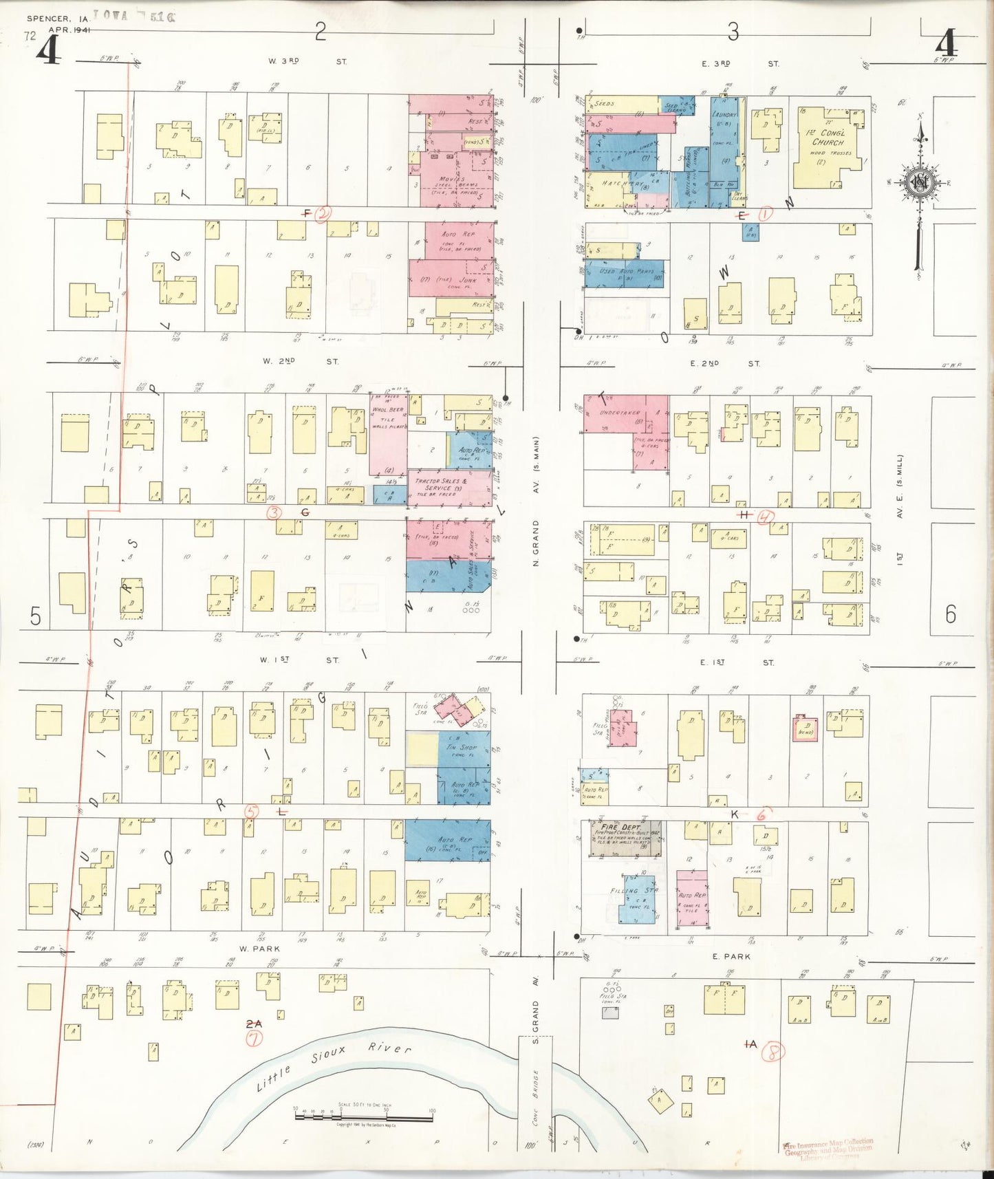 Sanborn Fire Insurance Map from Spencer, Clay County, Iowa (1946), Sheet #0004 - Historic Sanborn Fire Insurance Map Print, vintage old map wall art