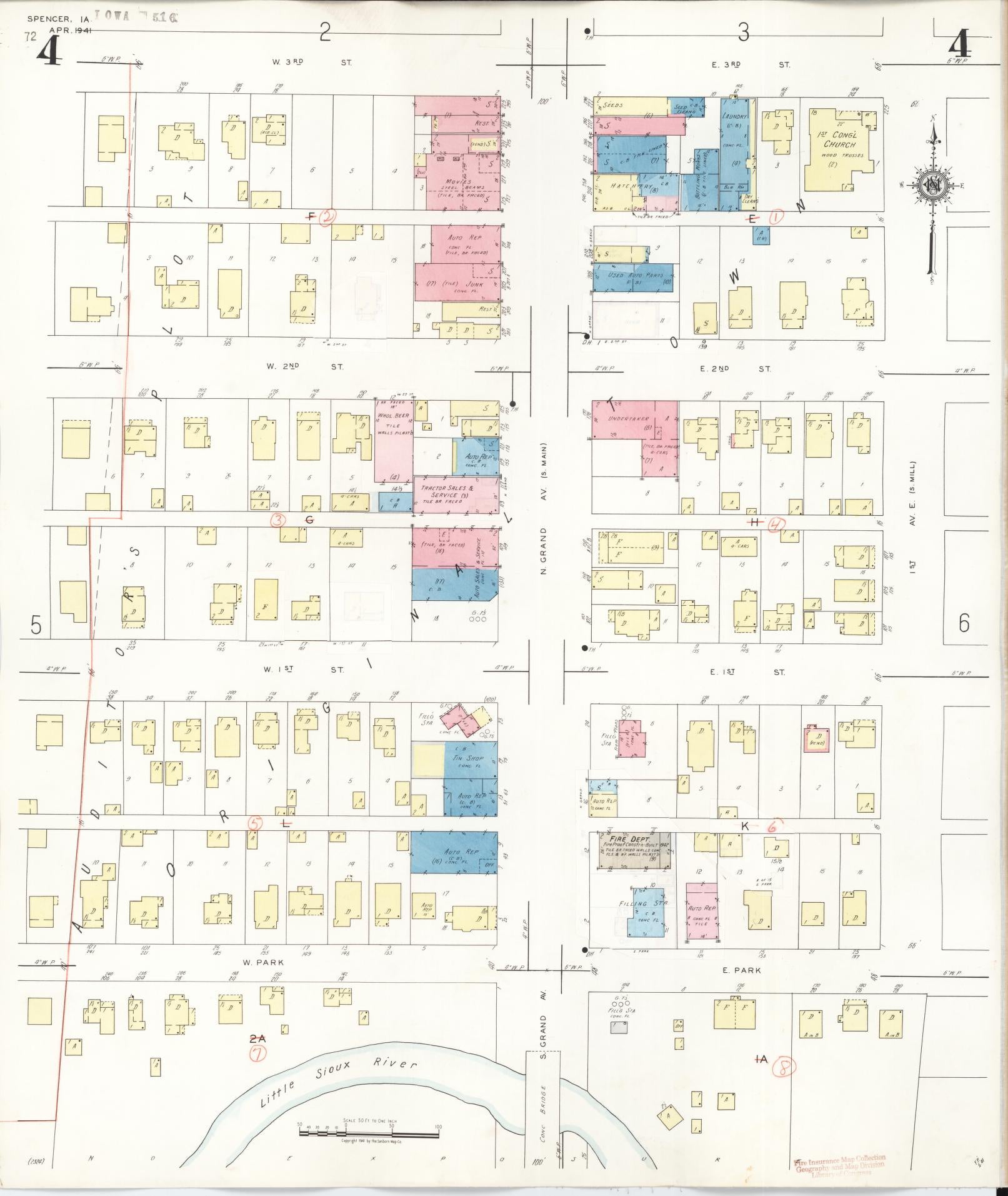 Sanborn Fire Insurance Map from Spencer, Clay County, Iowa (1946), Sheet #0004 - Historic Sanborn Fire Insurance Map Print, vintage old map wall art