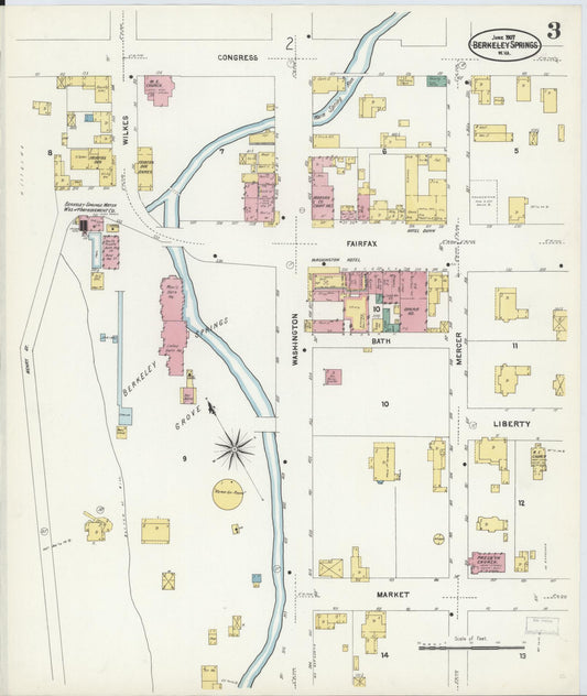 Sanborn Fire Insurance Map from Berkeley Springs, Morgan County, West Virginia (1907), Sheet #0003 - Historic Sanborn Fire Insurance Map Print, vintage old map wall art, antique decor, genealogy gift, West Virginia West Virginia map