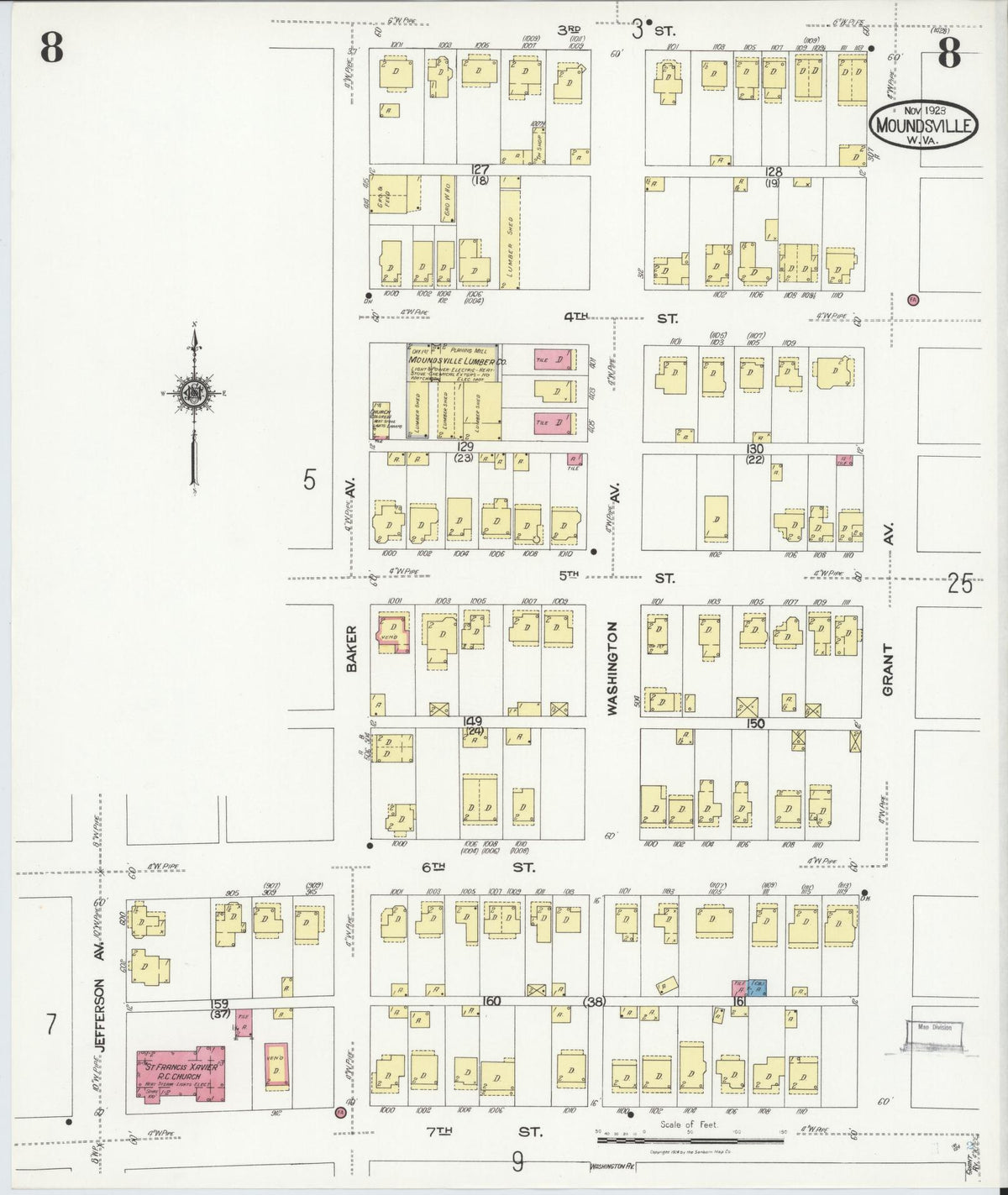 Sanborn Fire Insurance Map from Moundsville, Marshall County, West Virginia (1923), Sheet #0008 - Complete Map Set gallery image, historic Sanborn map, vintage wall art, West Virginia West Virginia