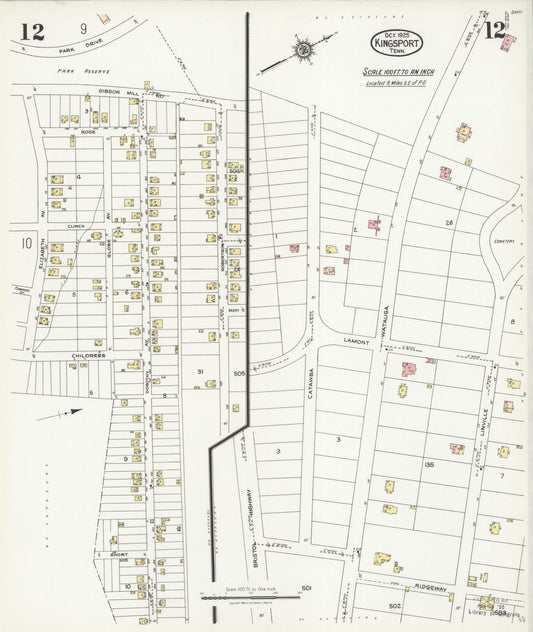 Sanborn Fire Insurance Map from Kingsport, Sullivan County, Tennessee (1925), Sheet #0012 - Historic Sanborn Fire Insurance Map Print, vintage old map wall art, antique decor, genealogy gift, Tennessee Tennessee map