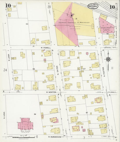 Sanborn Fire Insurance Map from Dothan, Houston County, Alabama (1924), Sheet #0010 - Complete Map Set gallery image, historic Sanborn map, vintage wall art, Alabama Alabama