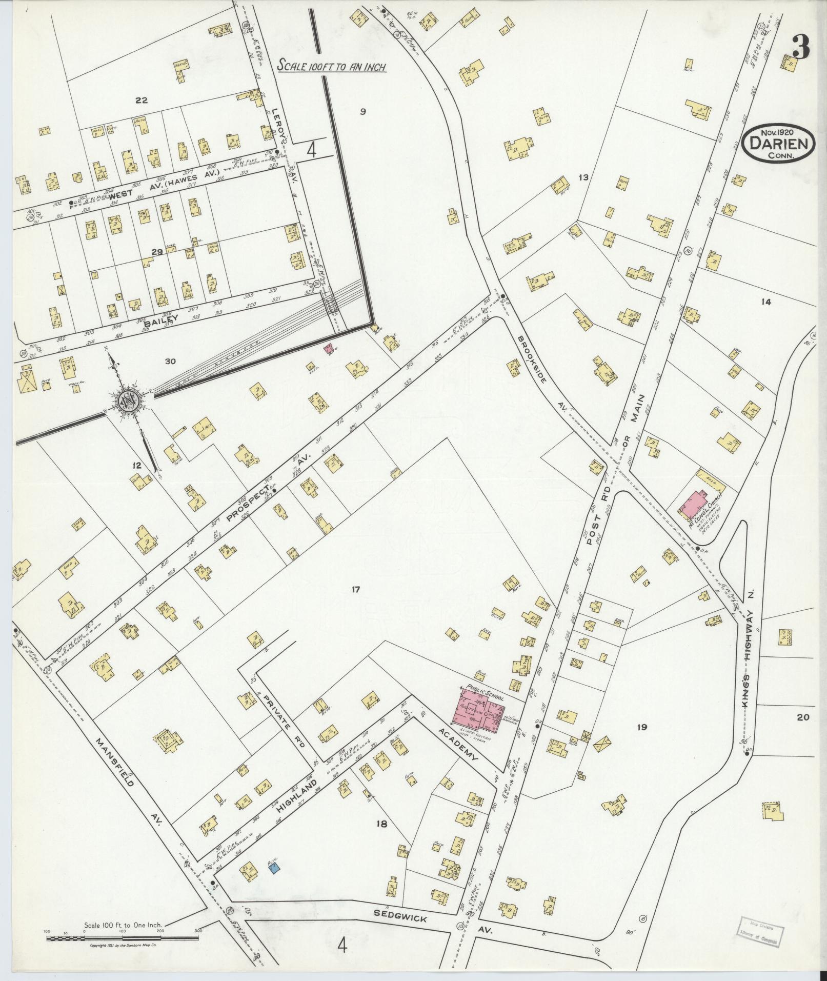 Sanborn Fire Insurance Map from Darien, Fairfield County, Connecticut (1920), Sheet #0003 - Complete Map Set gallery image, historic Sanborn map, vintage wall art, Connecticut Connecticut