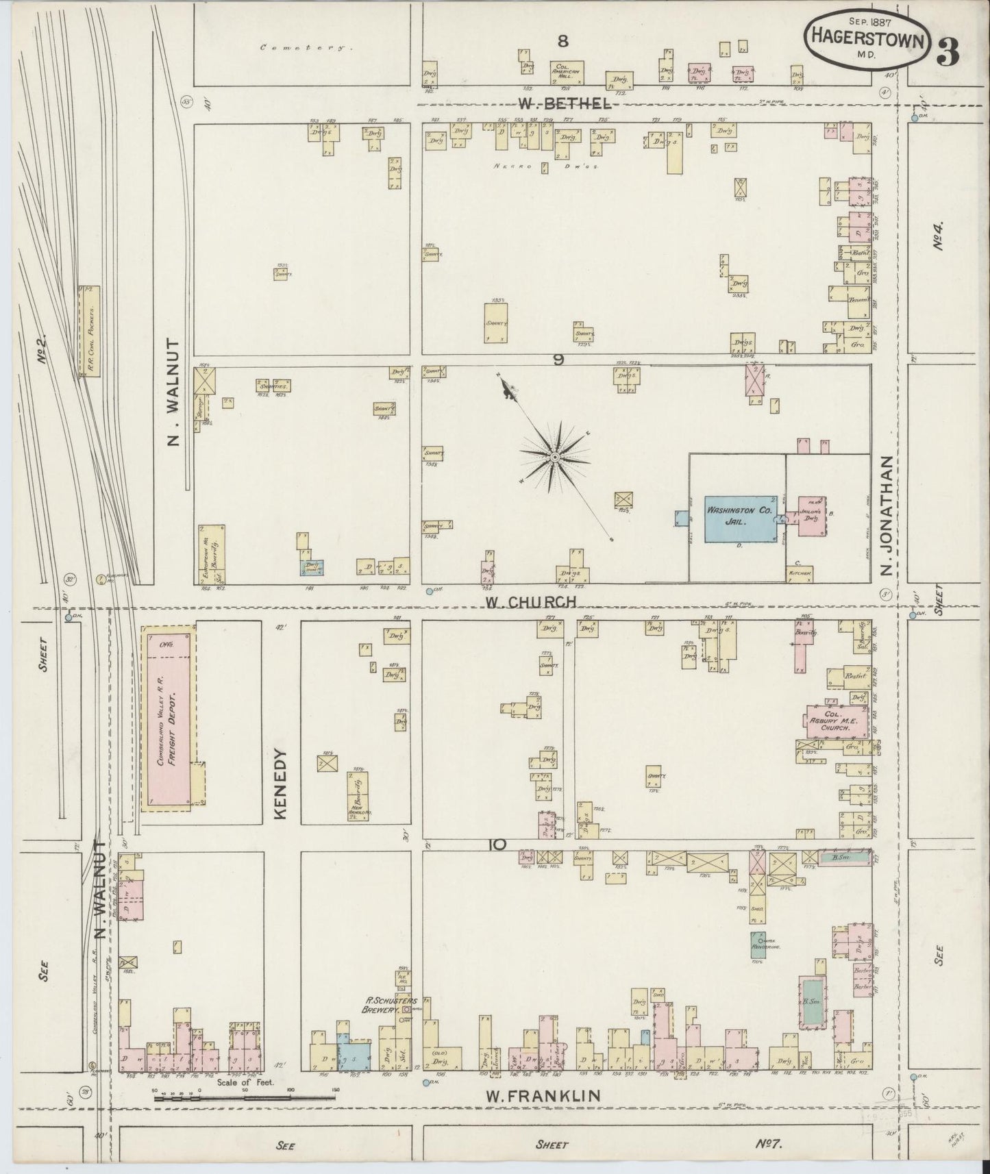 Sanborn Fire Insurance Map from Hagerstown, Washington County, Maryland (1887), Sheet #0003 - Historic Sanborn Fire Insurance Map Print, vintage old map wall art, antique decor, genealogy gift, Maryland Maryland map