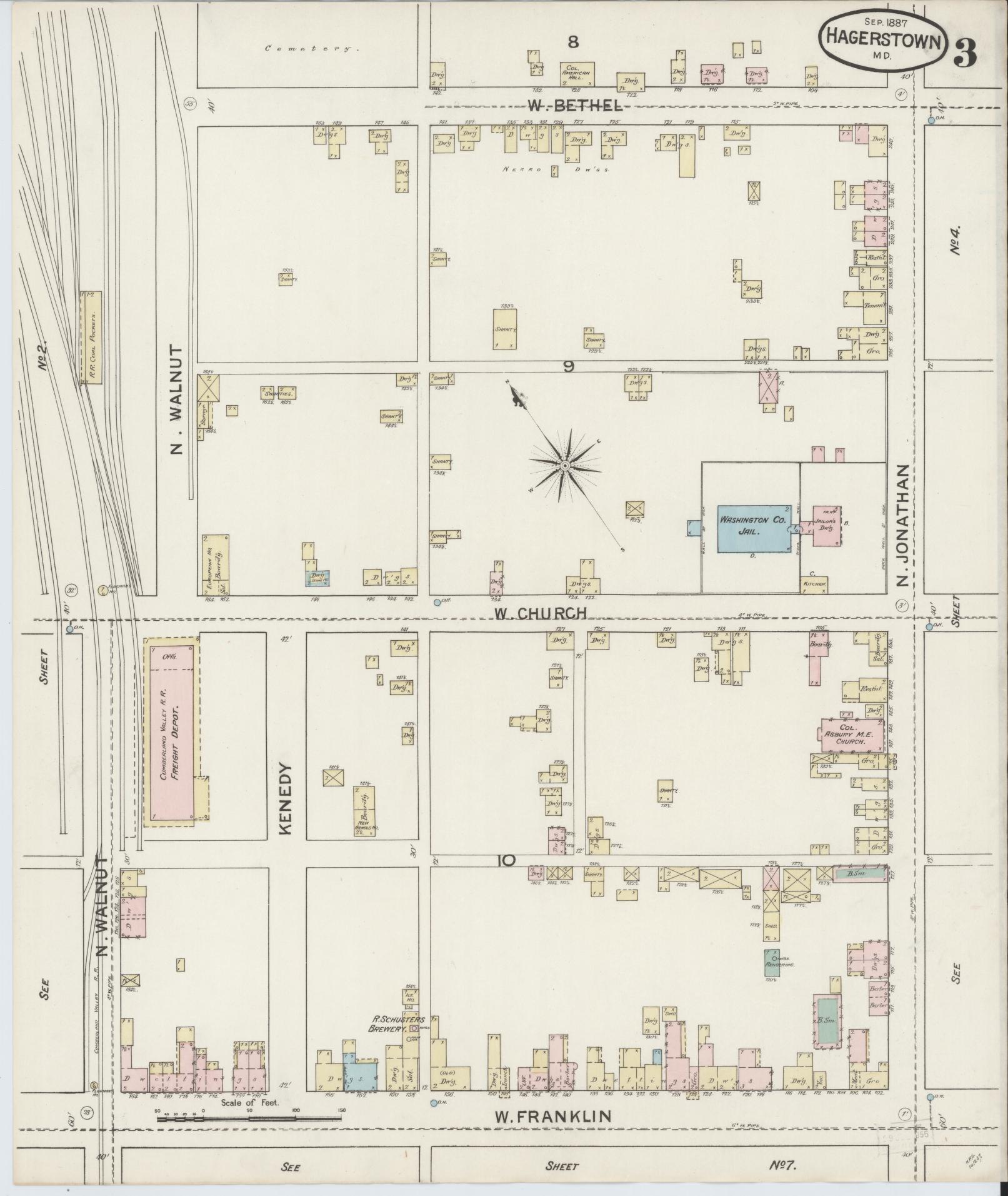 Sanborn Fire Insurance Map from Hagerstown, Washington County, Maryland (1887), Sheet #0003 - Historic Sanborn Fire Insurance Map Print, vintage old map wall art, antique decor, genealogy gift, Maryland Maryland map