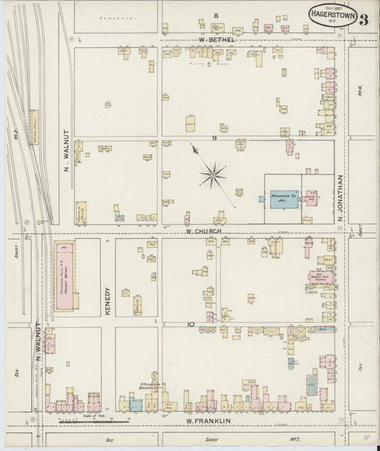 Sanborn Fire Insurance Map from Hagerstown, Washington County, Maryland (1887), Sheet #0003 - Historic Sanborn Fire Insurance Map Print, vintage old map wall art, antique decor, genealogy gift, Maryland Maryland map