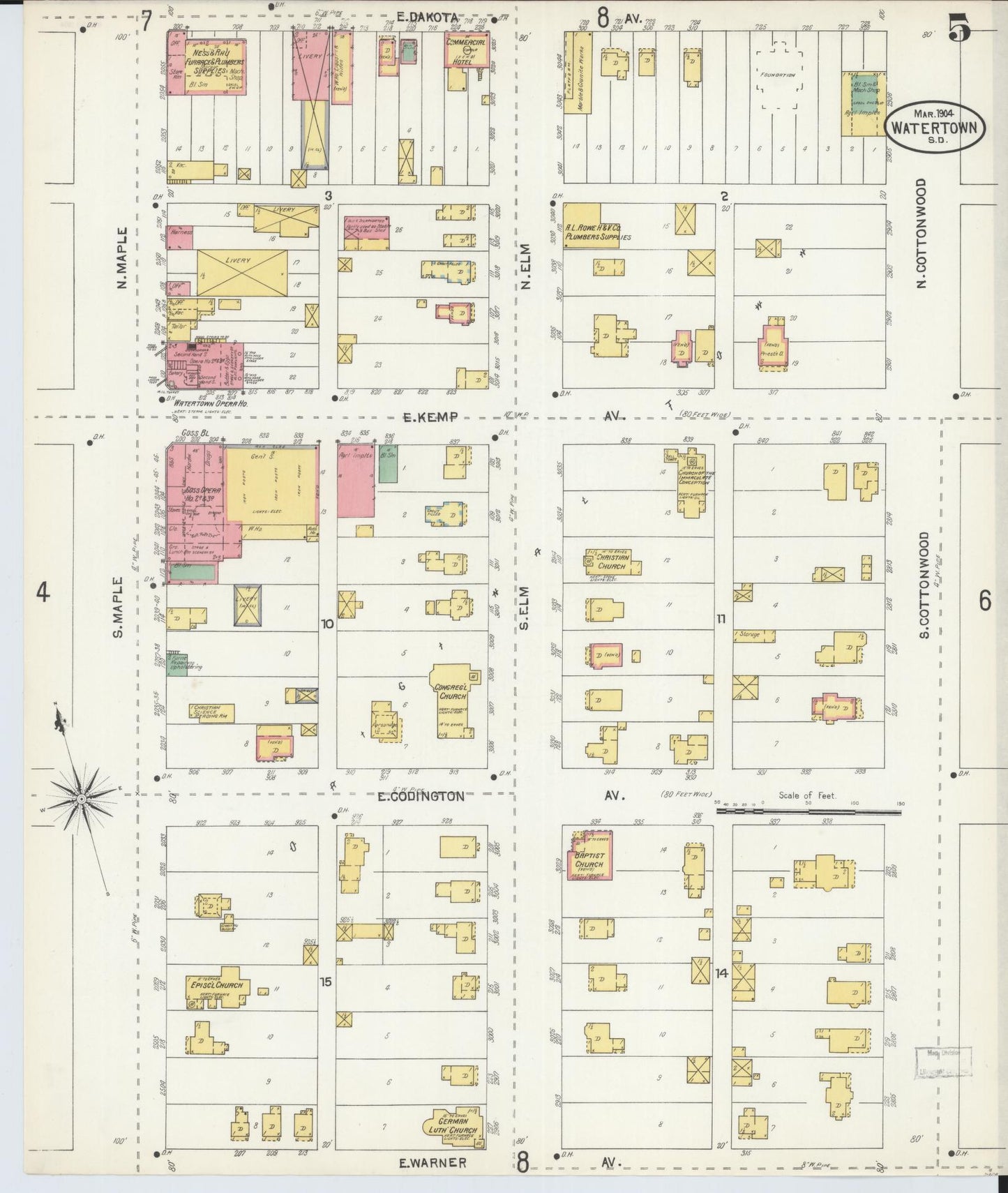 Sanborn Fire Insurance Map from Watertown, Codington County, South Dakota (1904), Sheet #0005 - Historic Sanborn Fire Insurance Map Print, vintage old map wall art, antique decor, genealogy gift, South Dakota South Dakota map