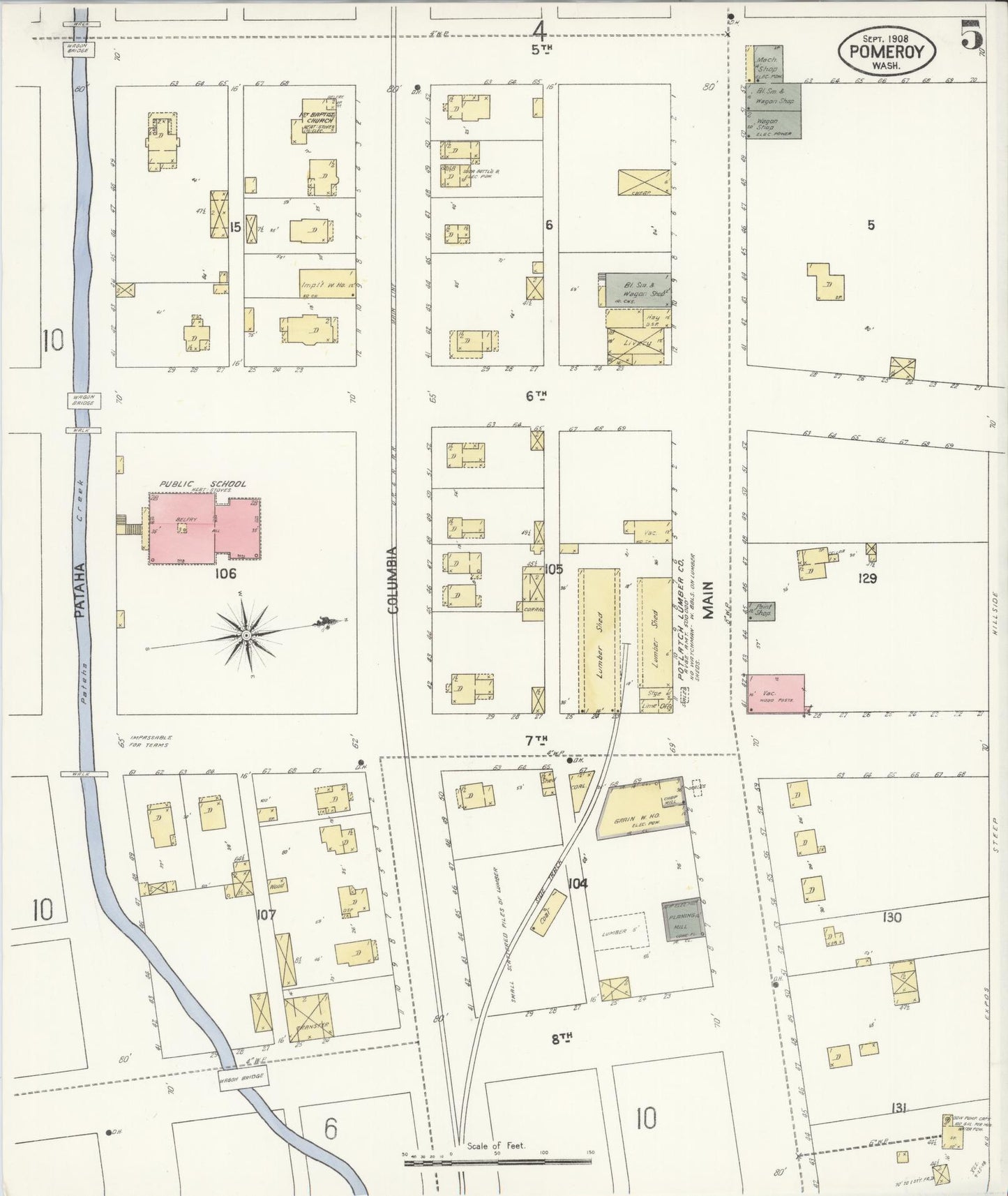 Sanborn Fire Insurance Map from Pomeroy, Garfield County, Washington (1908), Sheet #0005 - Historic Sanborn Fire Insurance Map Print, vintage old map wall art, antique decor, genealogy gift, Washington Washington map