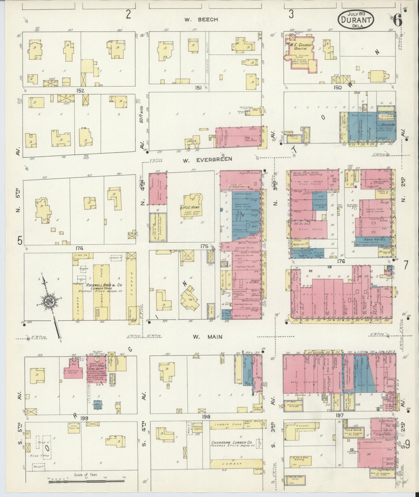 Sanborn Fire Insurance Map from Durant, Bryan County, Oklahoma (1913), Sheet #0006 - Complete Map Set gallery image, historic Sanborn map, vintage wall art, Oklahoma Oklahoma