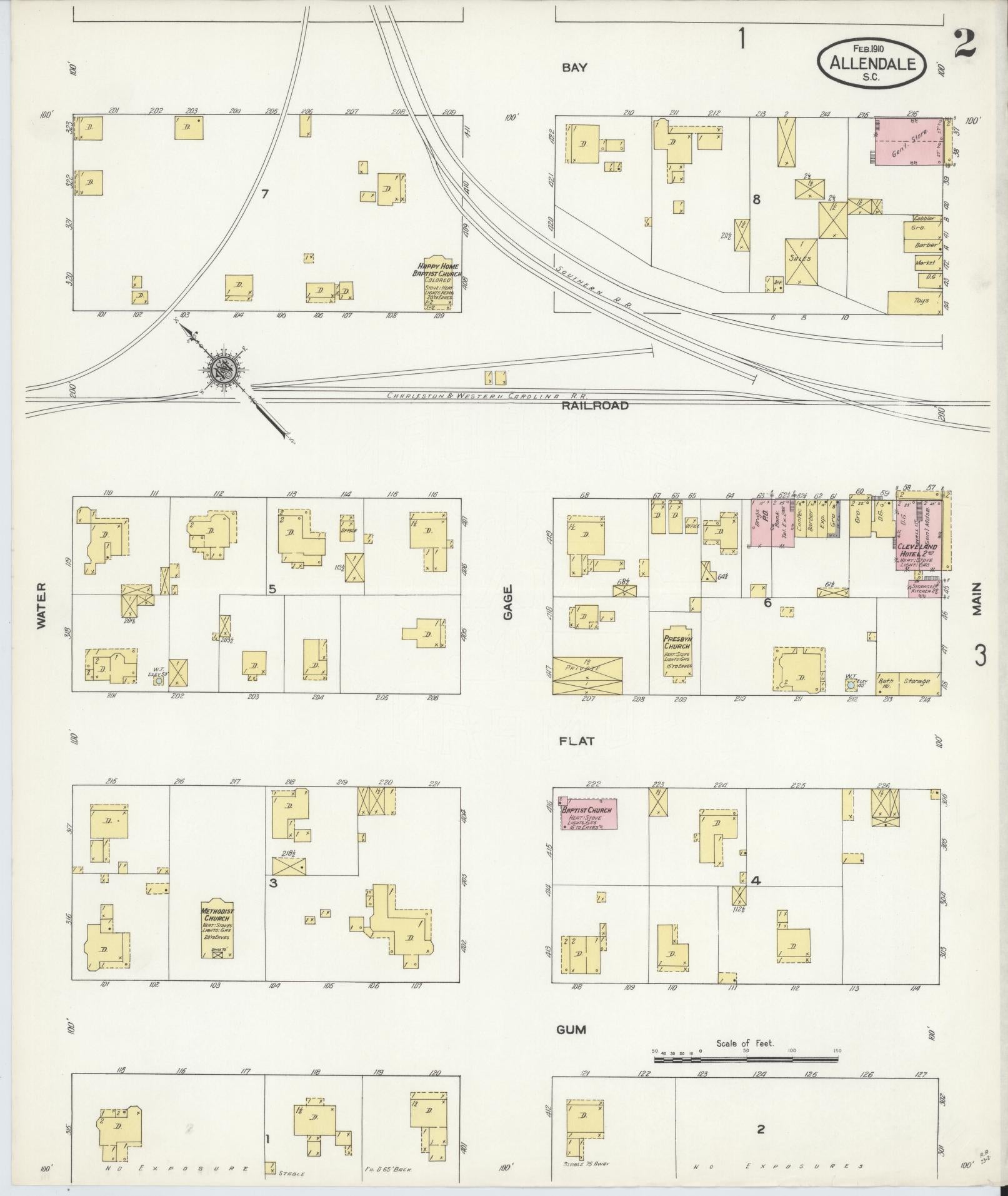 Sanborn Fire Insurance Map from Allendale, Allendale County, South Carolina (1910), Sheet #0002 - Historic Sanborn Fire Insurance Map Print, vintage old map wall art, antique decor, genealogy gift, South Carolina South Carolina map