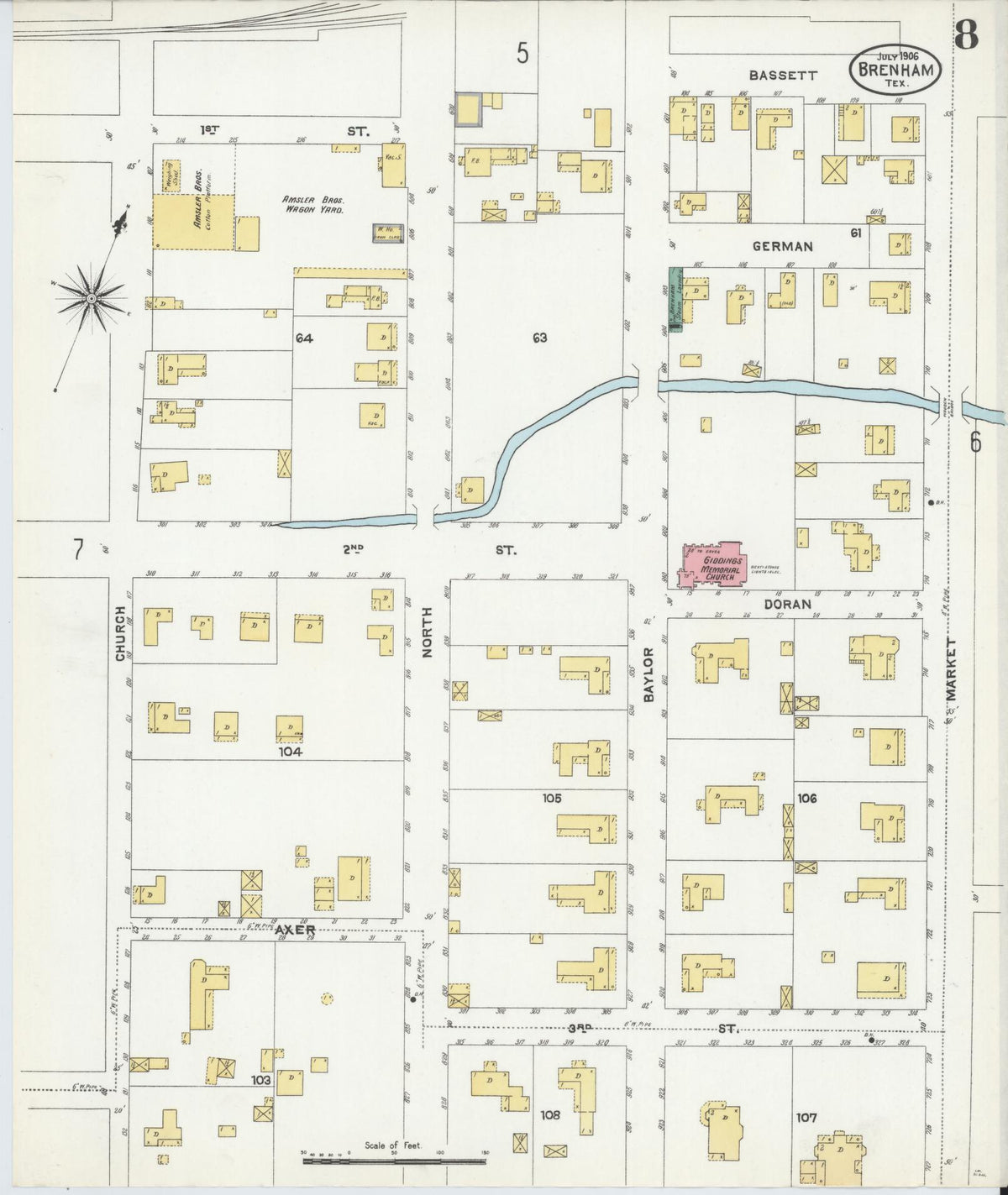 Sanborn Fire Insurance Map from Brenham, Washington County, Texas (1906), Sheet #0008 - Historic Sanborn Fire Insurance Map Print, vintage old map wall art, antique decor, genealogy gift, Texas Texas map