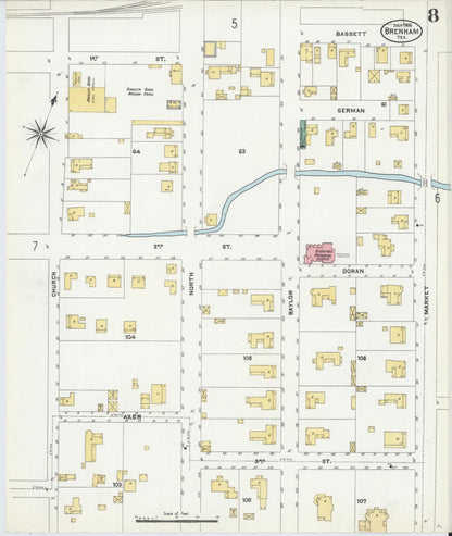 Sanborn Fire Insurance Map from Brenham, Washington County, Texas (1906), Sheet #0008 - Historic Sanborn Fire Insurance Map Print, vintage old map wall art, antique decor, genealogy gift, Texas Texas map