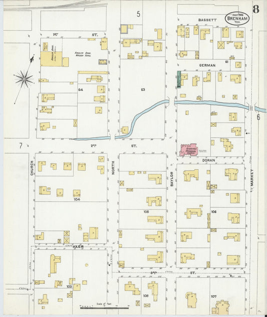 Sanborn Fire Insurance Map from Brenham, Washington County, Texas (1906), Sheet #0008 - Historic Sanborn Fire Insurance Map Print, vintage old map wall art, antique decor, genealogy gift, Texas Texas map