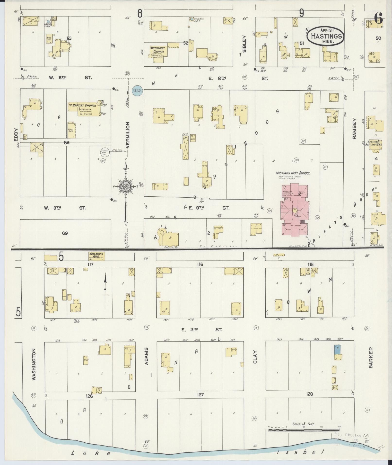 Sanborn Fire Insurance Map from Hastings, Dakota County, Minnesota (1911), Sheet #0006 - Historic Sanborn Fire Insurance Map Print, vintage old map wall art, antique decor, genealogy gift, Minnesota Minnesota map