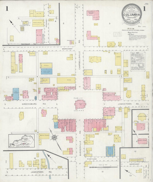 Sanborn Fire Insurance Map from Columbia, Adair County, Kentucky (1929), Sheet #0001 - Complete Map Set gallery image, historic Sanborn map, vintage wall art, Kentucky Kentucky