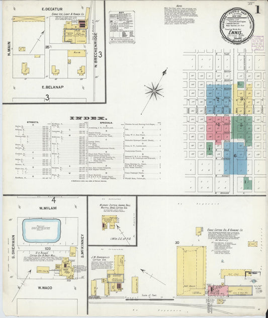 Sanborn Fire Insurance Map from Ennis, Ellis County, Texas (1901), Sheet #0001 - Historic Sanborn Fire Insurance Map Print, vintage old map wall art, antique decor, genealogy gift, Texas Texas map