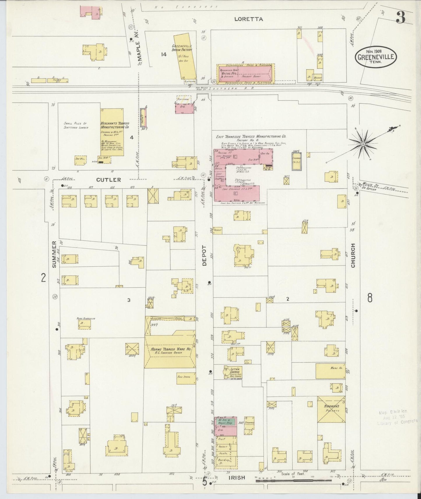 Sanborn Fire Insurance Map from Greeneville, Greene County, Tennessee (1908), Sheet #0003 - Complete Map Set gallery image, historic Sanborn map, vintage wall art, Tennessee Tennessee