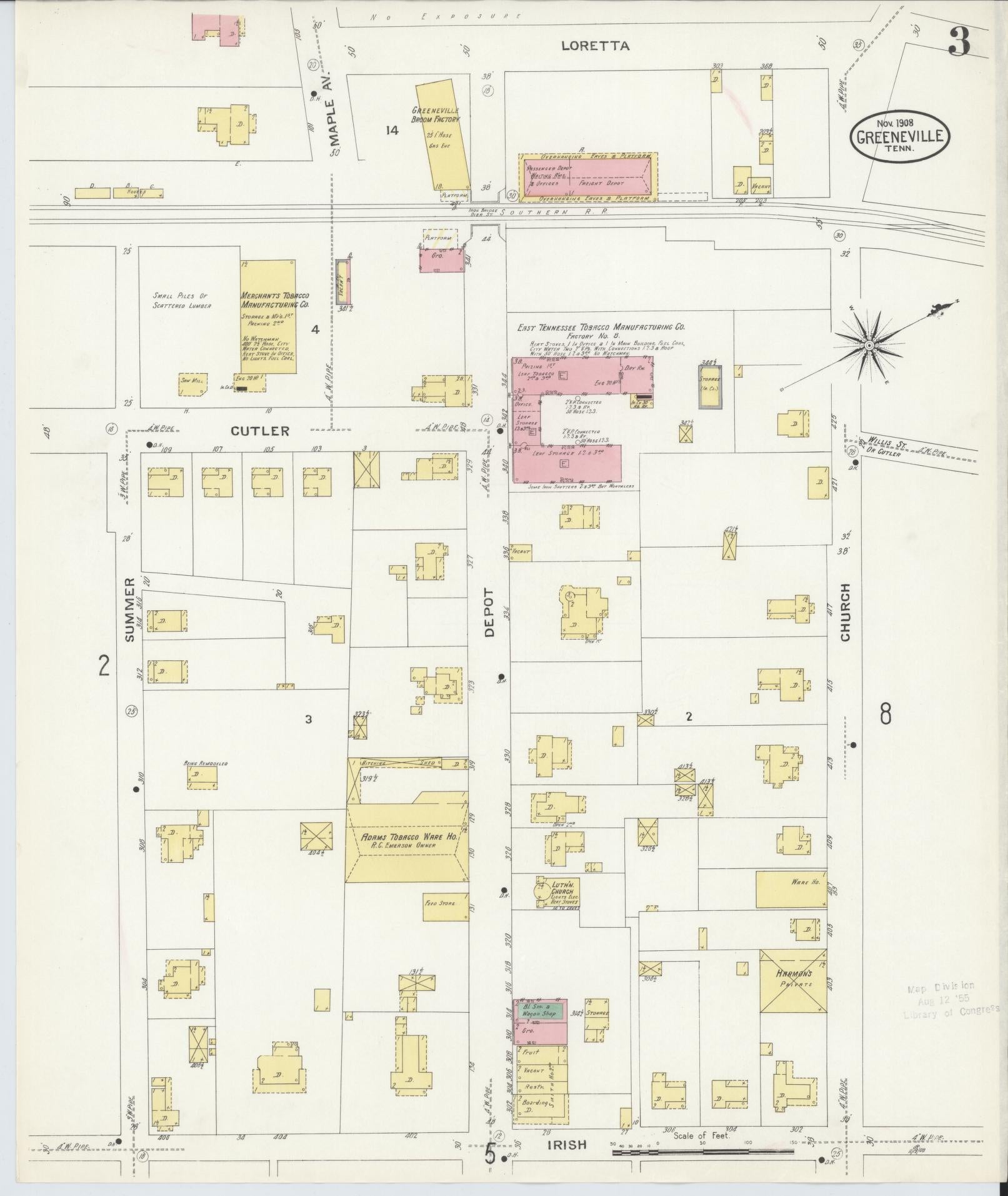Sanborn Fire Insurance Map from Greeneville, Greene County, Tennessee (1908), Sheet #0003 - Complete Map Set gallery image, historic Sanborn map, vintage wall art, Tennessee Tennessee